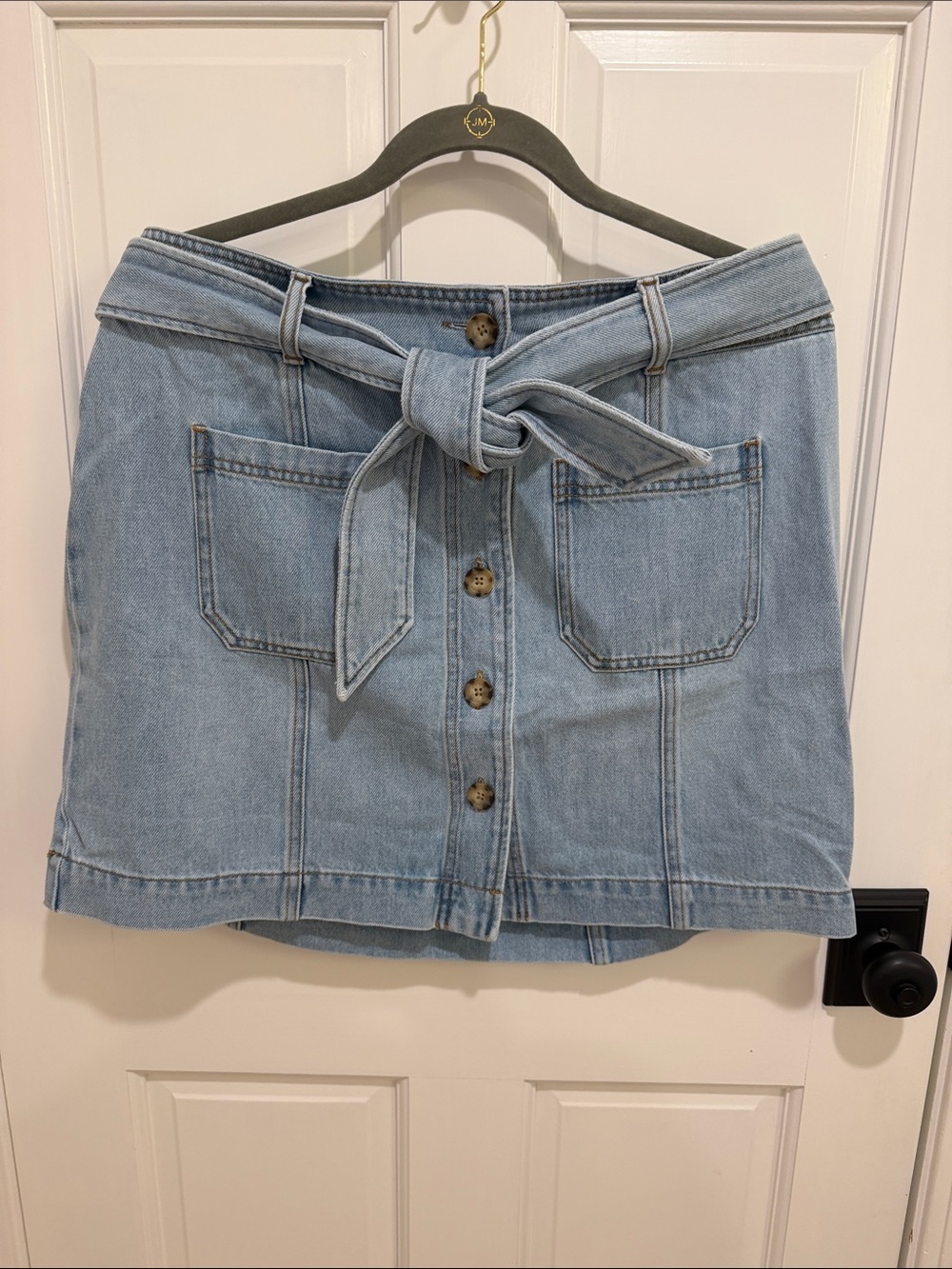 Light Blue Denim Button-Front Mini Skirt with Self-Tie Waist